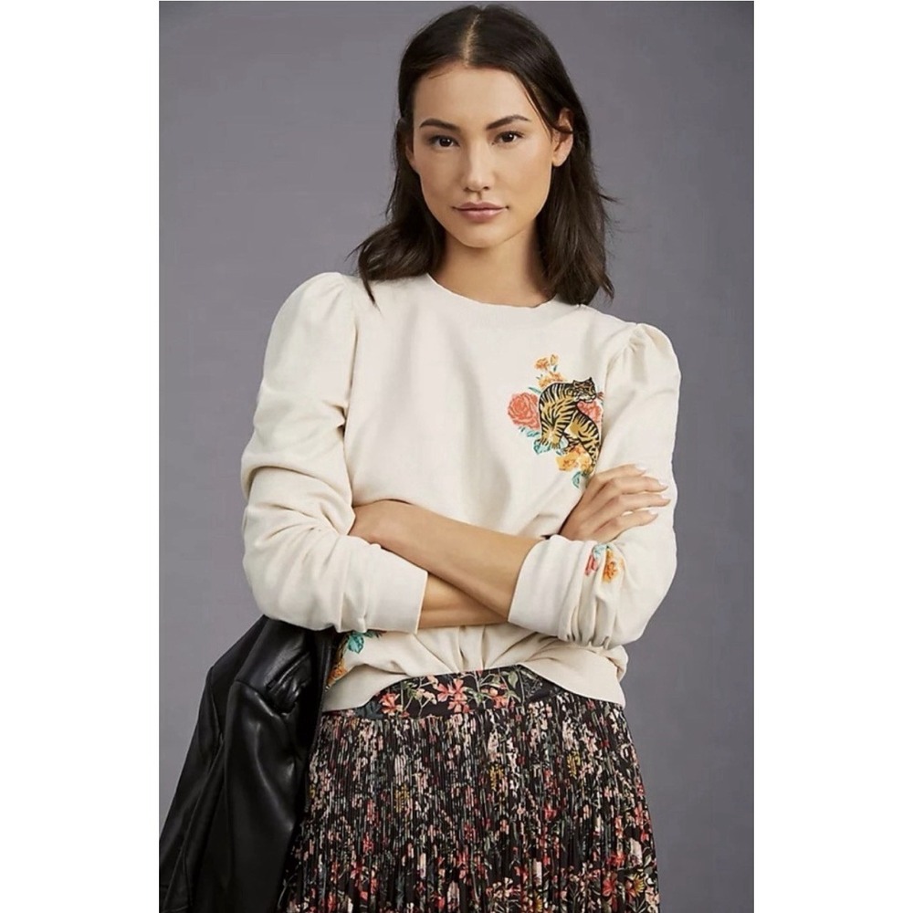 Anthropologie Back When Tiger Floral Sweatshirt Puff Sleeve Cotton S